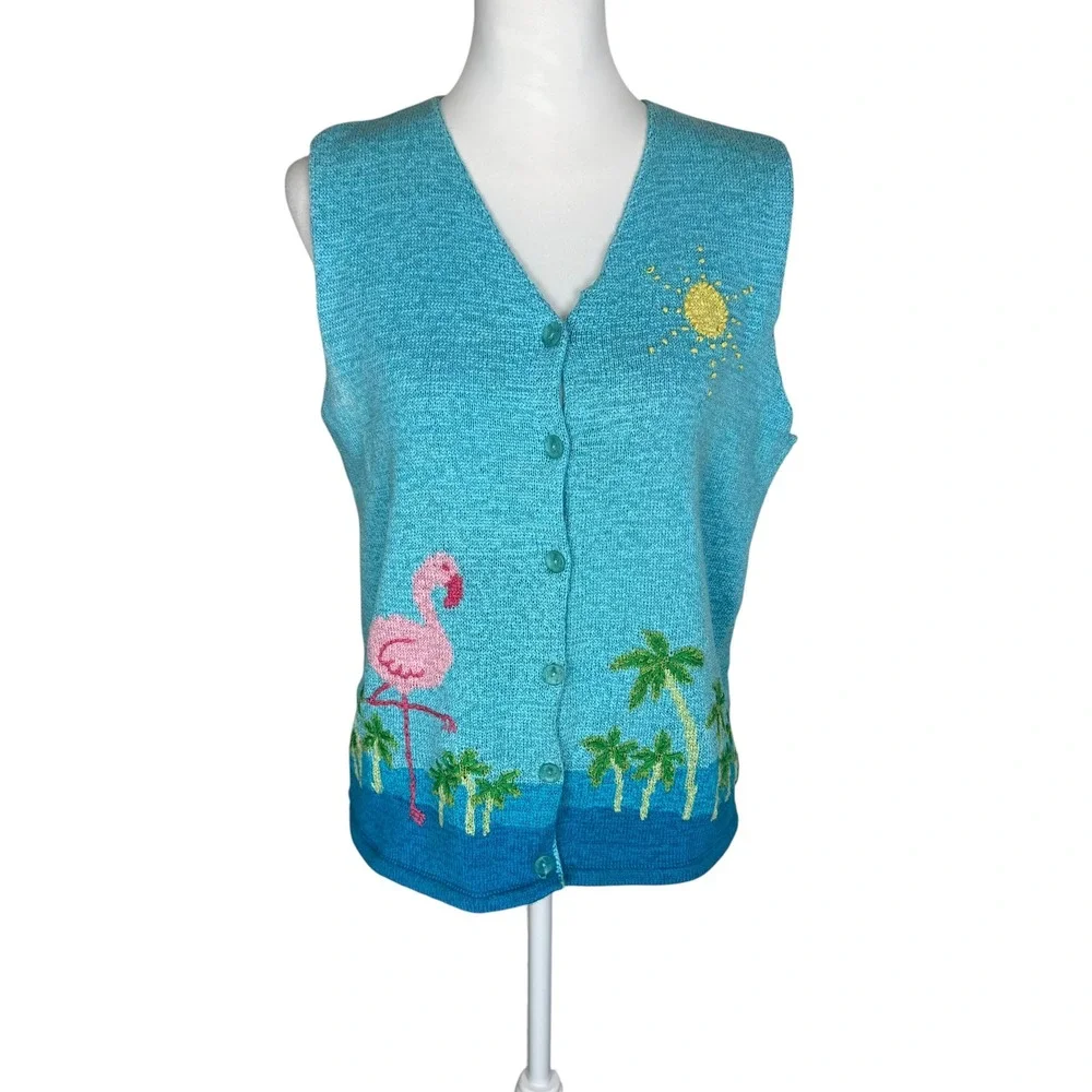 Northern Isles Flamingo Palm Tree Tropical Knit Sweater Vest Blue Womens Medium